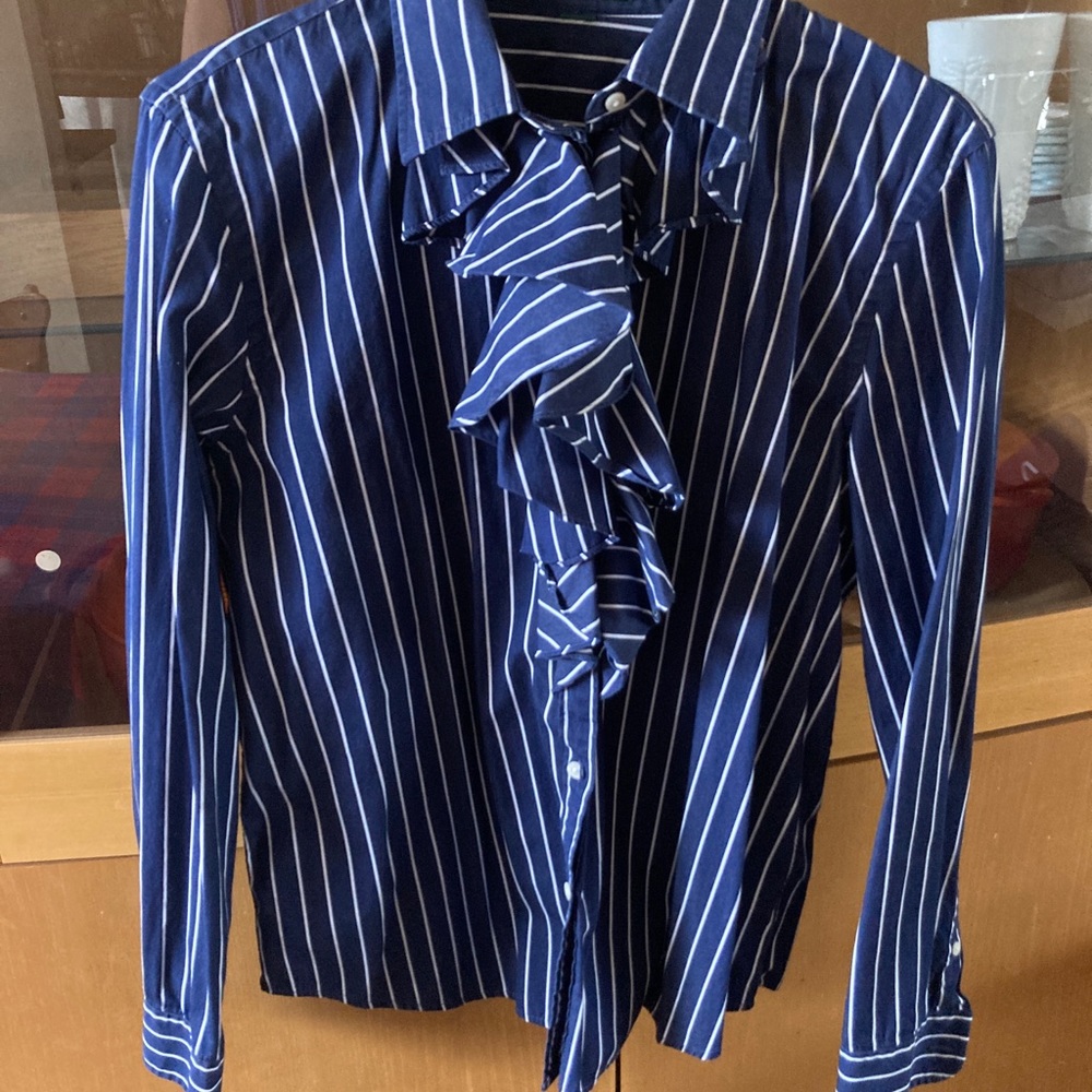 EUC Ralph Lauren Cotton Ruffle & Stripled Button Down Shirt, Size XL